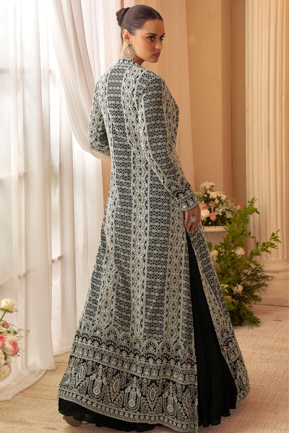 Black Chinon Anarkali Set with Resham Embroidery and Sequins Work