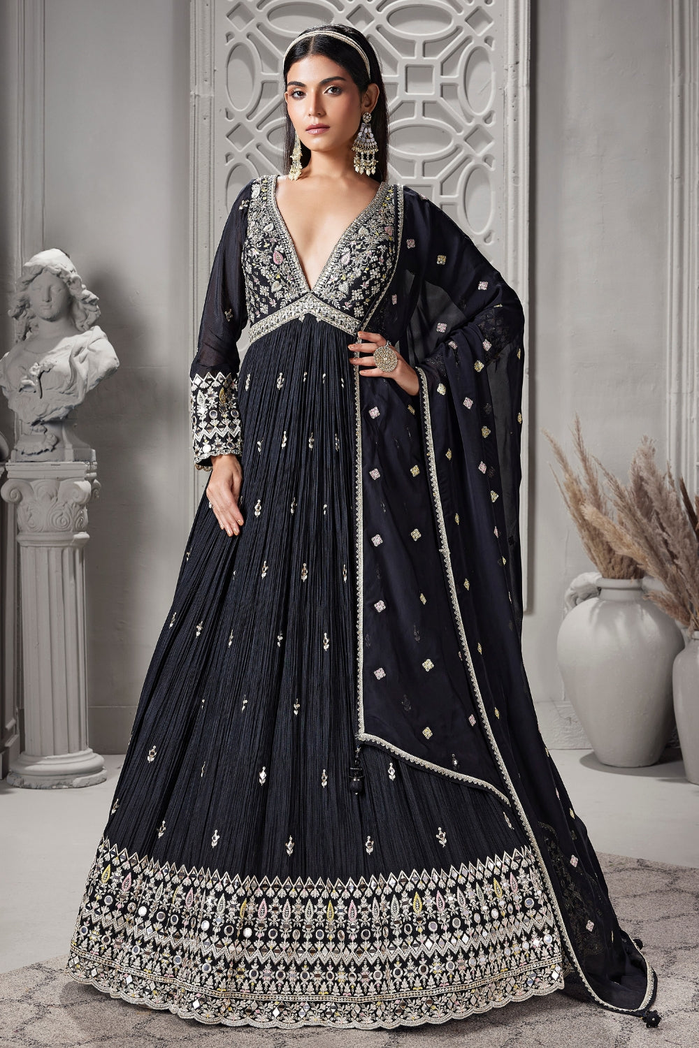 Black Chinon Anarkali Set with Sequins and Mirror Work