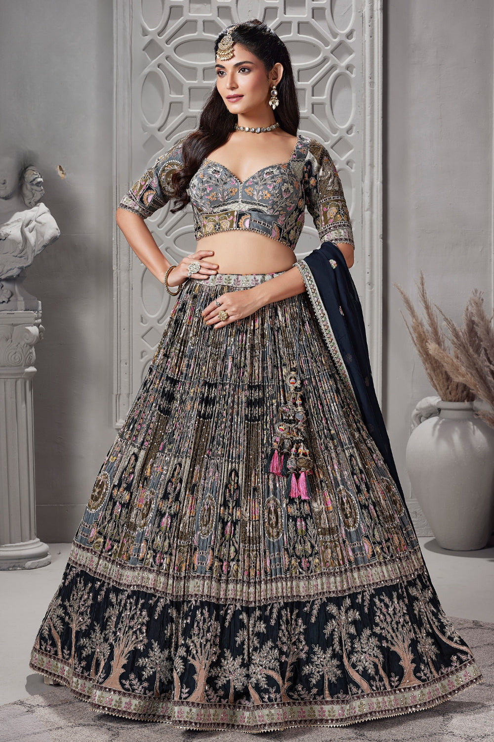 Black Chinon Lehenga Set with Embroidery and Sequins Work