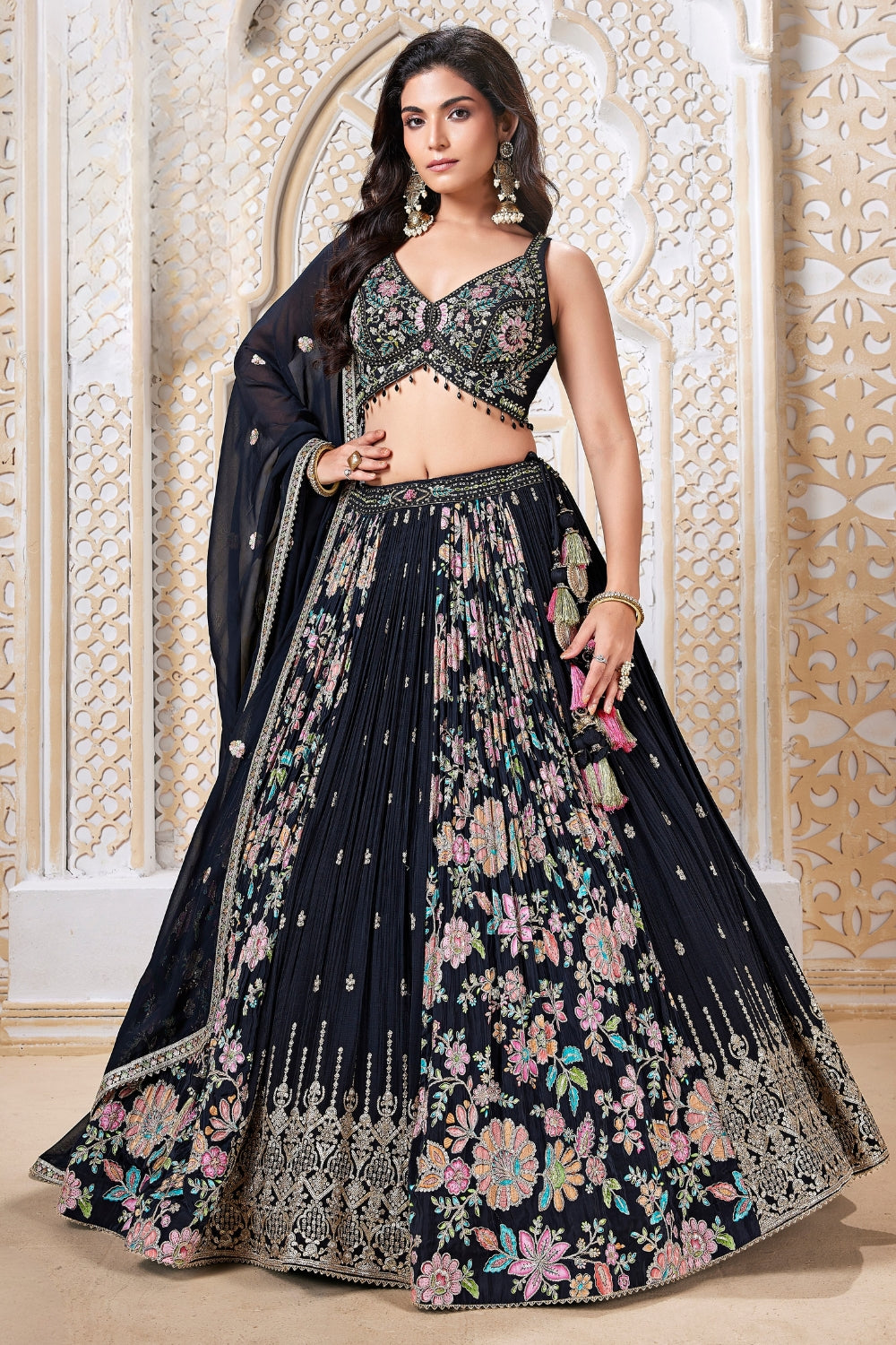 Black Chinon Lehenga Set with Embroidery and Sequins Work