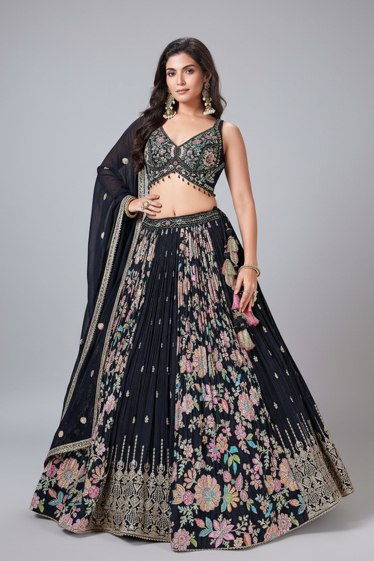 Black Chinon Lehenga Set with Embroidery and Sequins Work