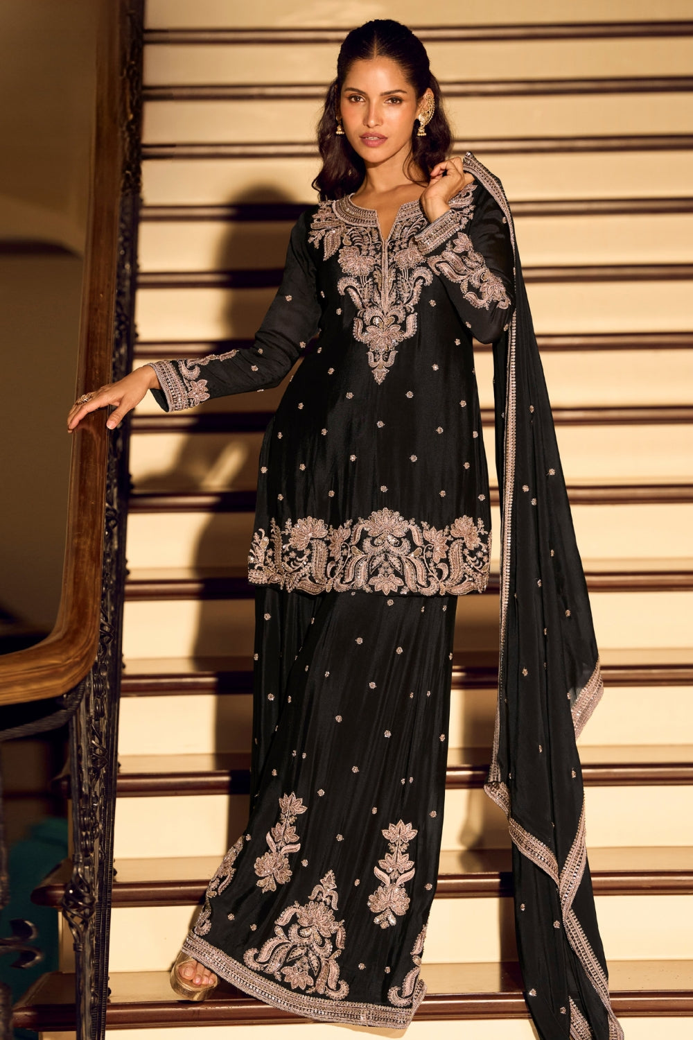 Black Chinon Salwar Suit with Cutdana and Moti Work