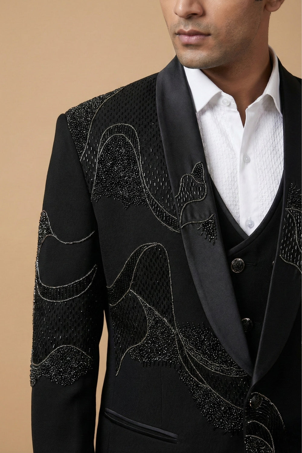 Black Five Piece Improted Suit with Cutdana and Moti