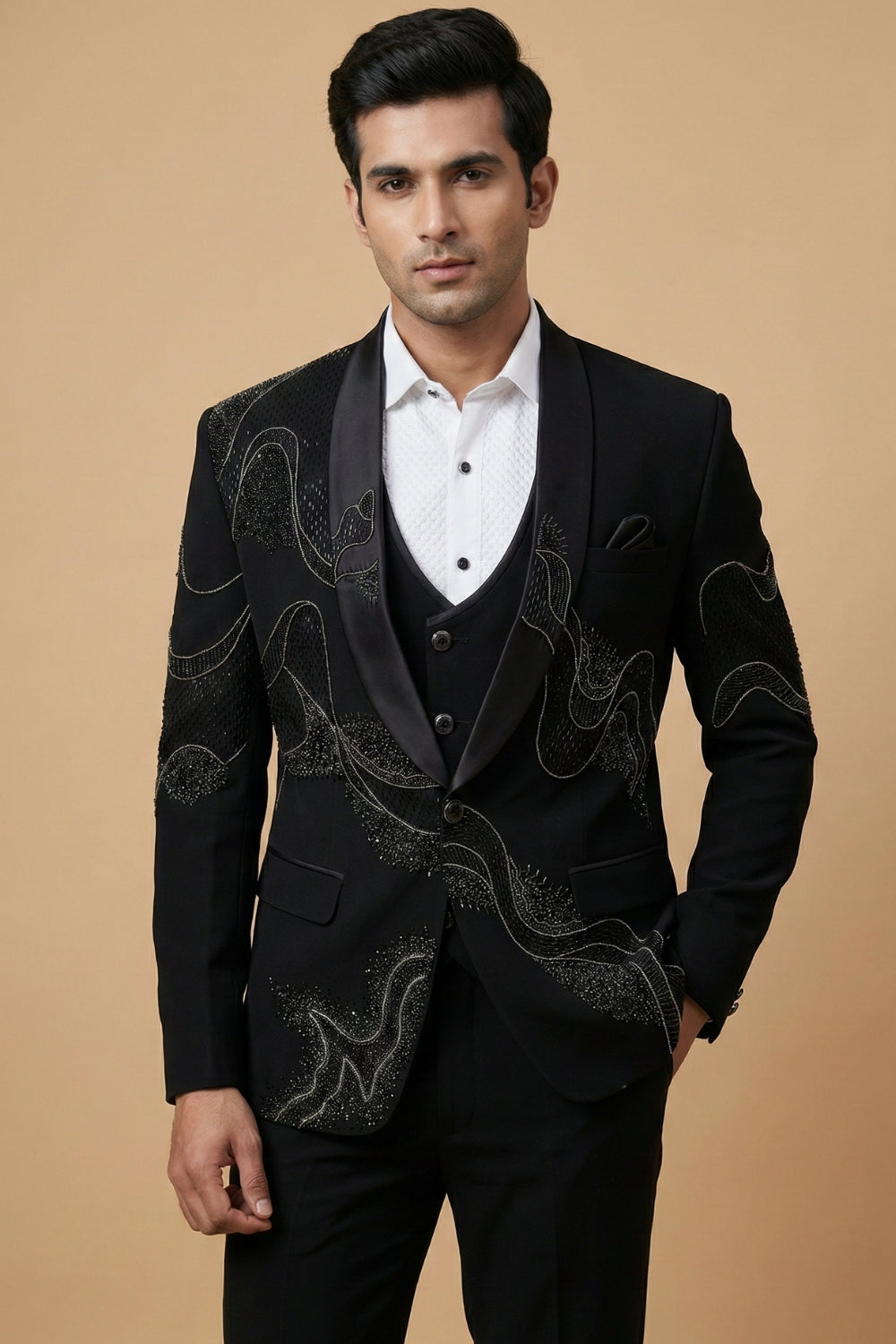 Black Five Piece Improted Suit with Cutdana and Moti