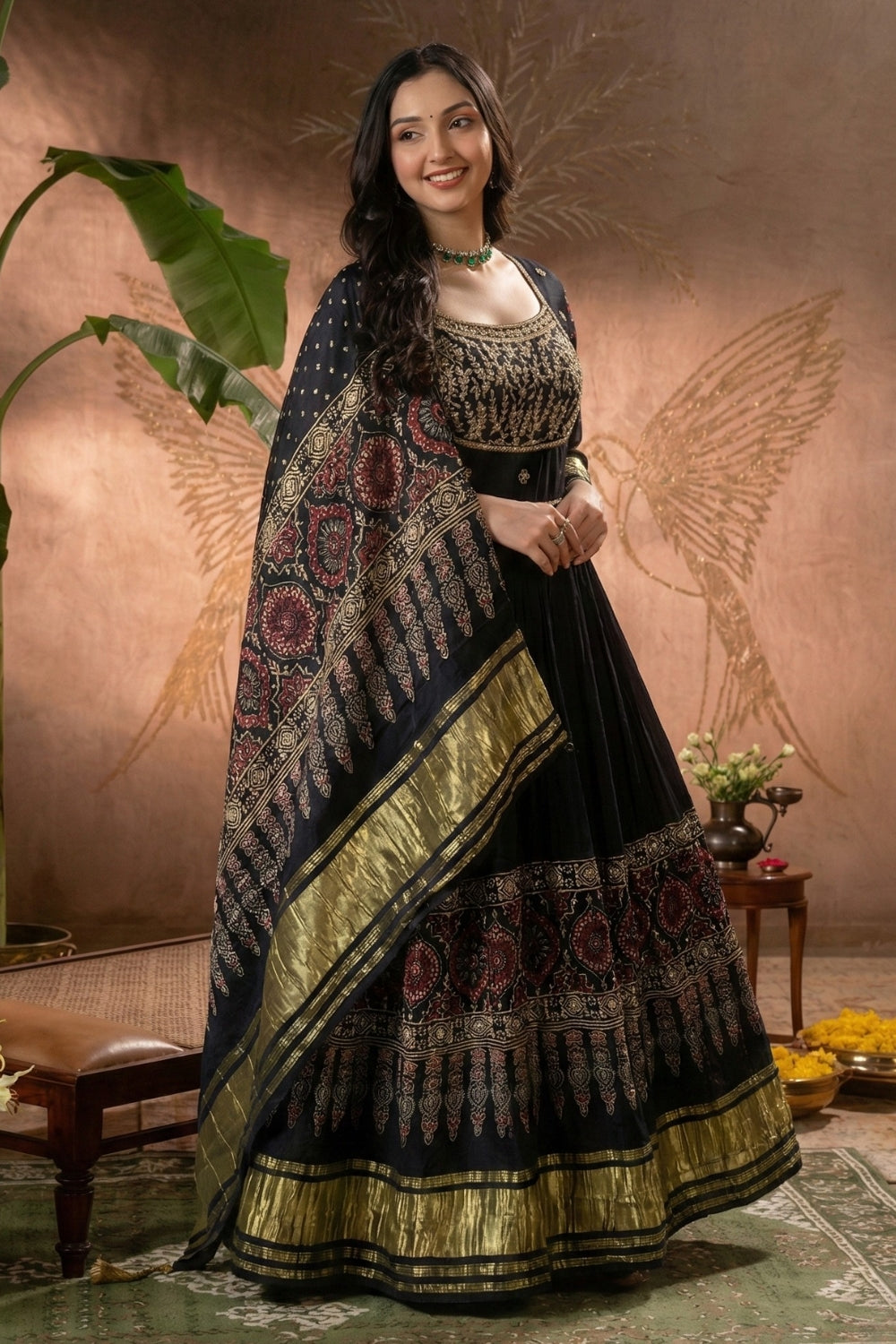 Black Gajji Silk Anarkali Set with Cutdana and Sequins Work