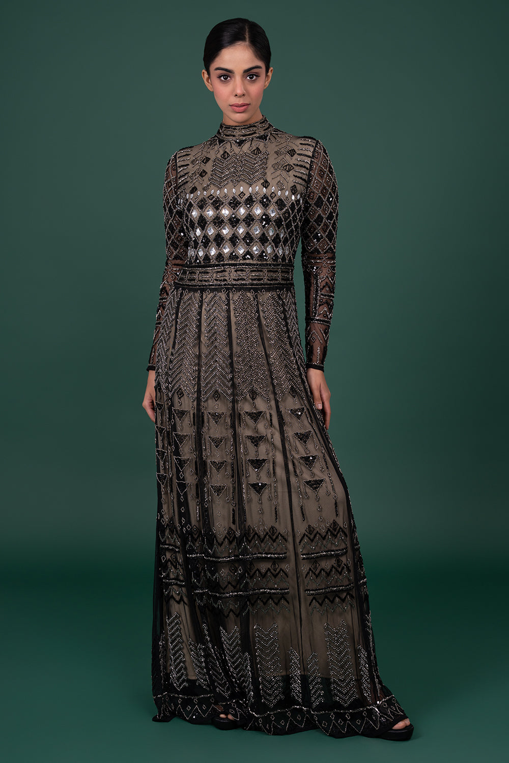 Black Geometric Sequined Tulle Full Sleeve Gown with Mirror work Accents