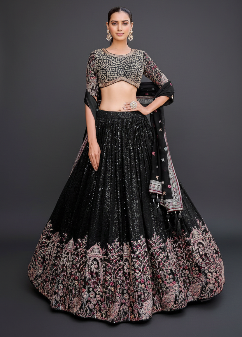 Black Georgette Lehenga Set with Cutdana and Sequins Work