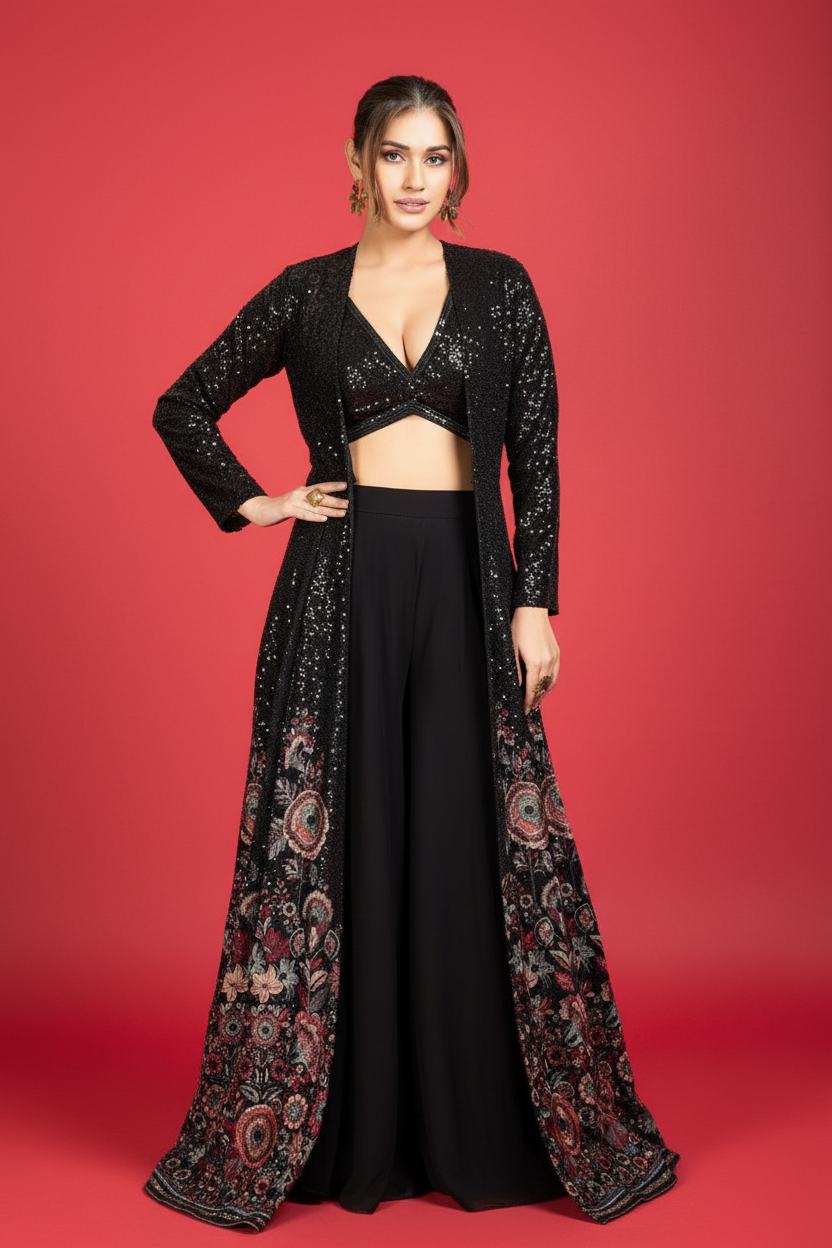 Black Georgette V Neck Crop Top Palazzo With Long Jacket