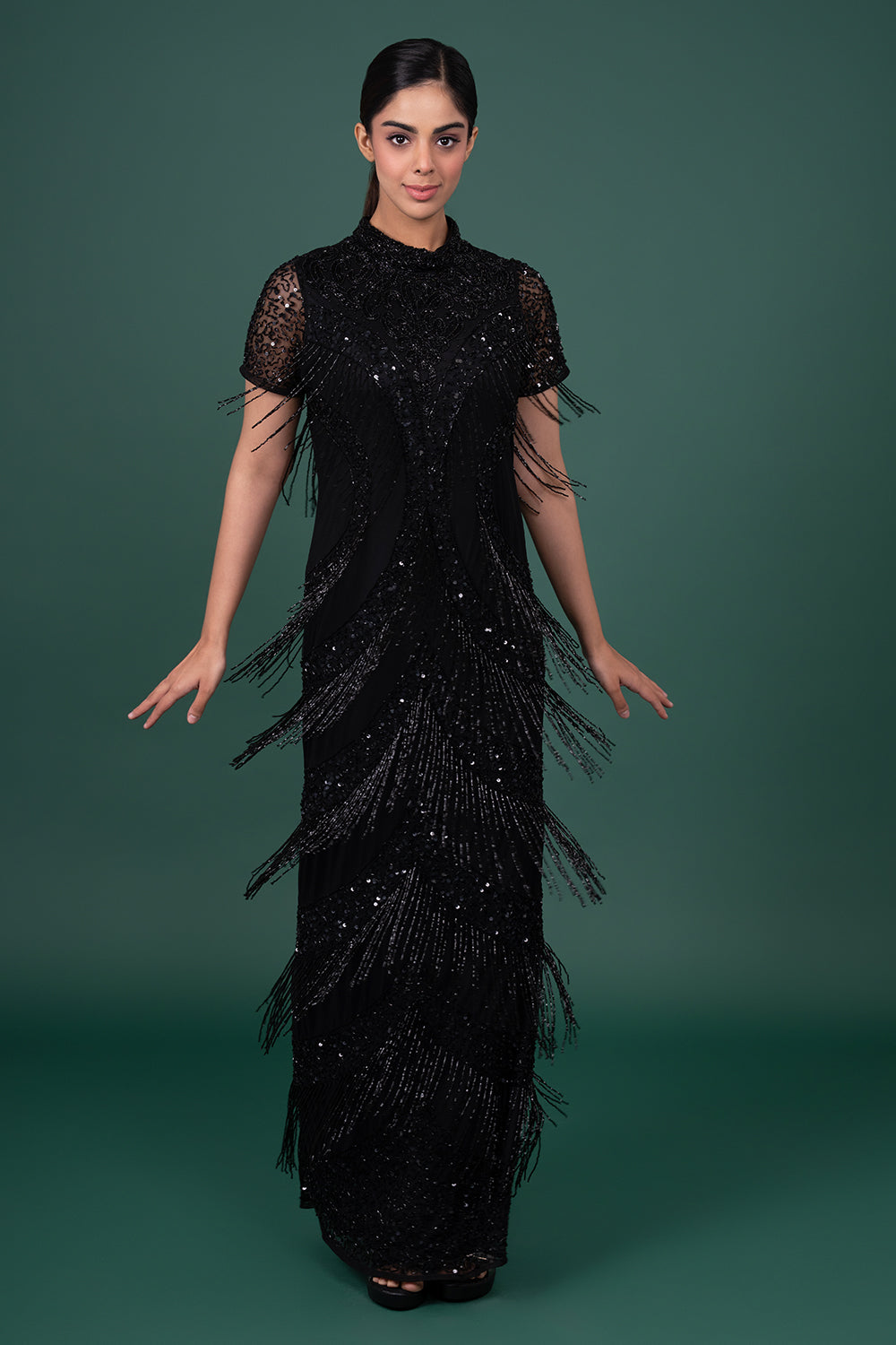 Black Halter-Neck Gown with Diagonally Placed Sequin and Bead Embellishments