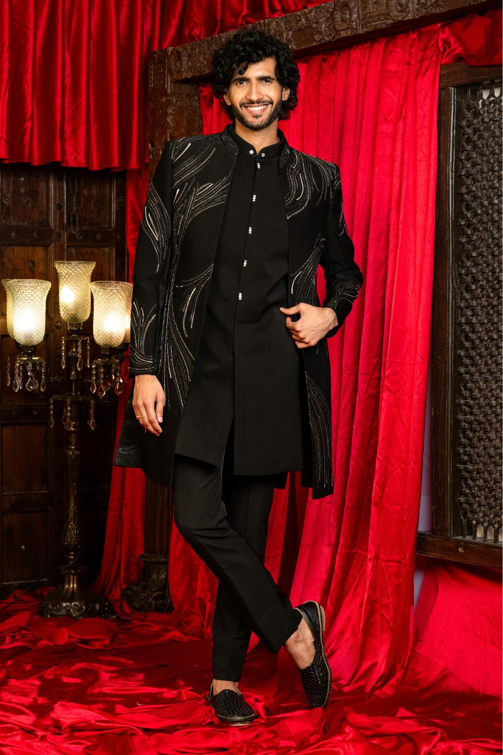 Black Imported Indo Western Set with Cutdana and Embroidery Work