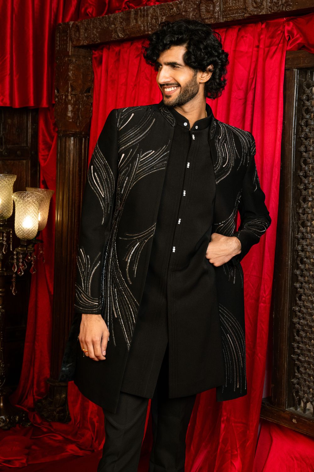 Black Imported Indo Western Set with Cutdana and Embroidery Work