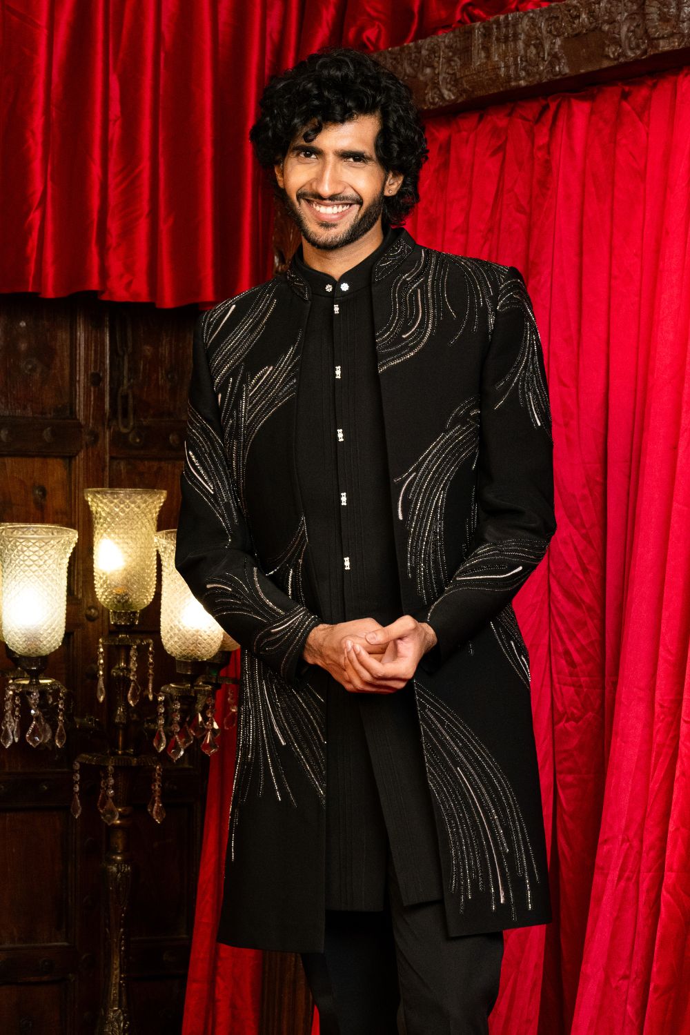 Black Imported Indo Western Set with Cutdana and Embroidery Work