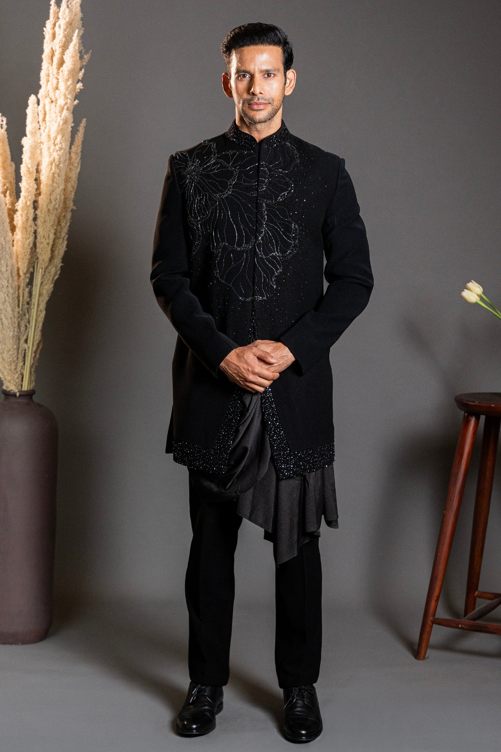 Black Imported Indo Western with Moti and Cutdana Work