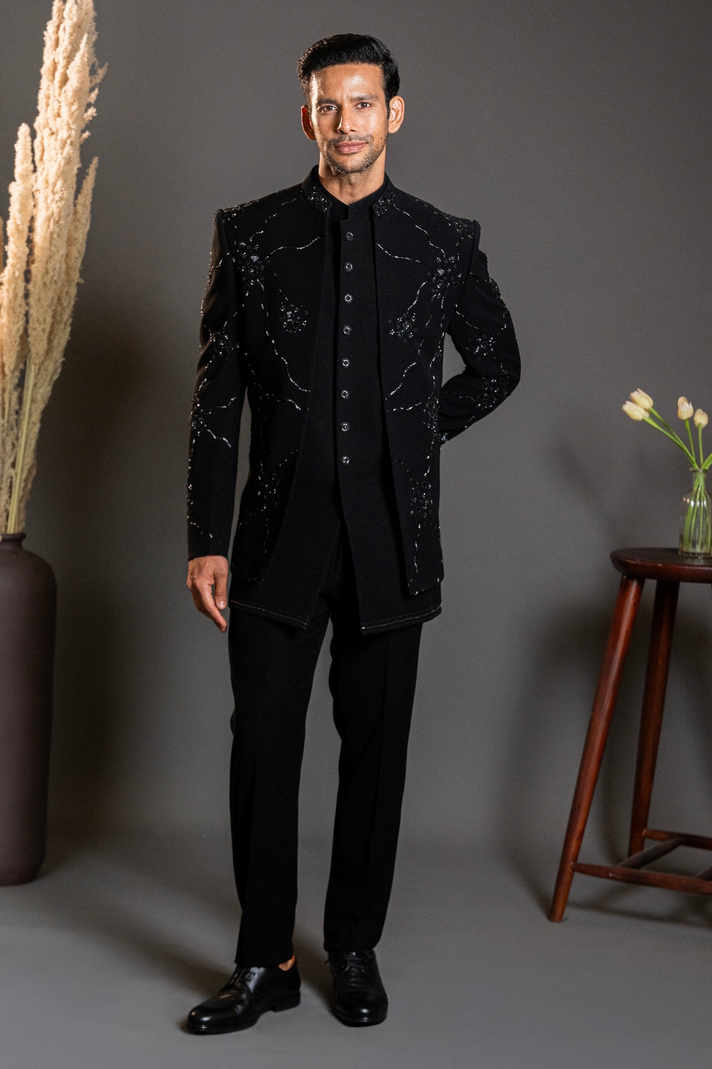 Black Imported Indo Western with Moti and Cutdana Work