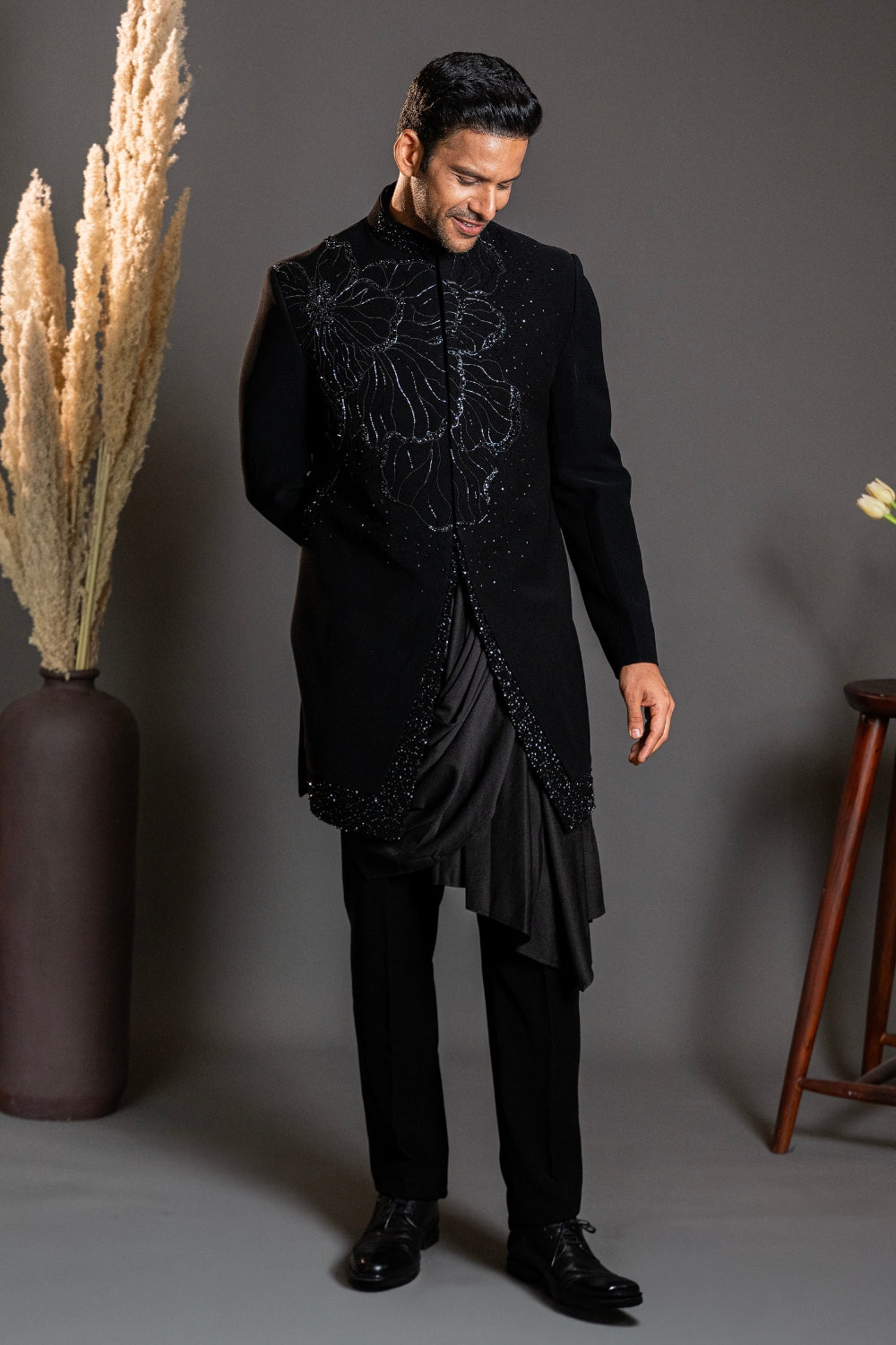 Black Imported Indo Western with Moti and Cutdana Work
