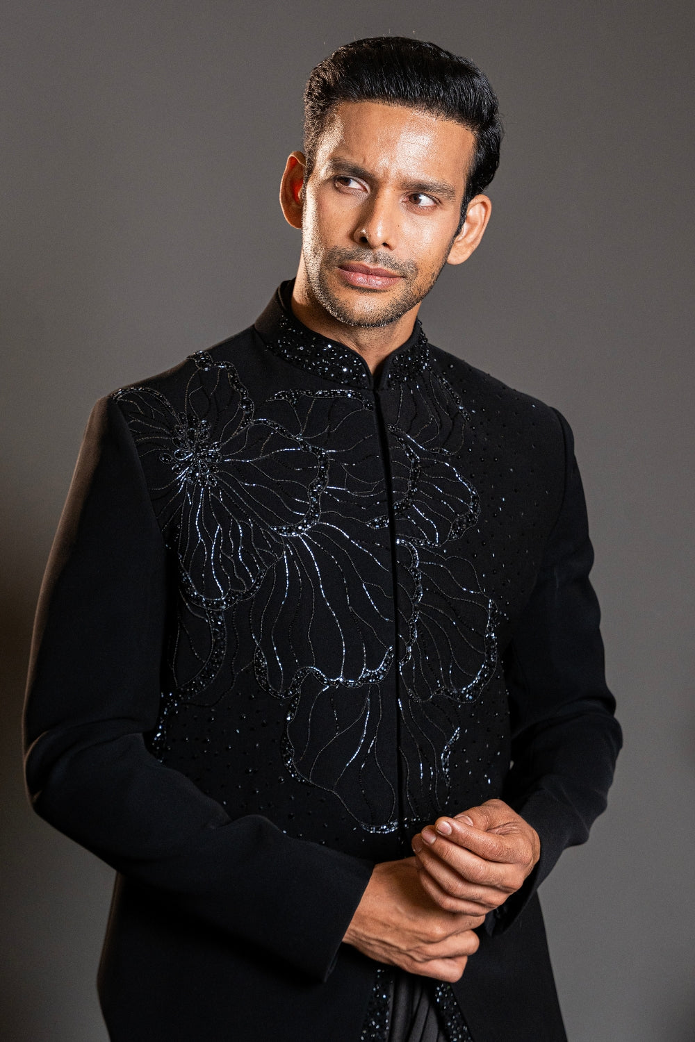 Black Imported Indo Western with Moti and Cutdana Work