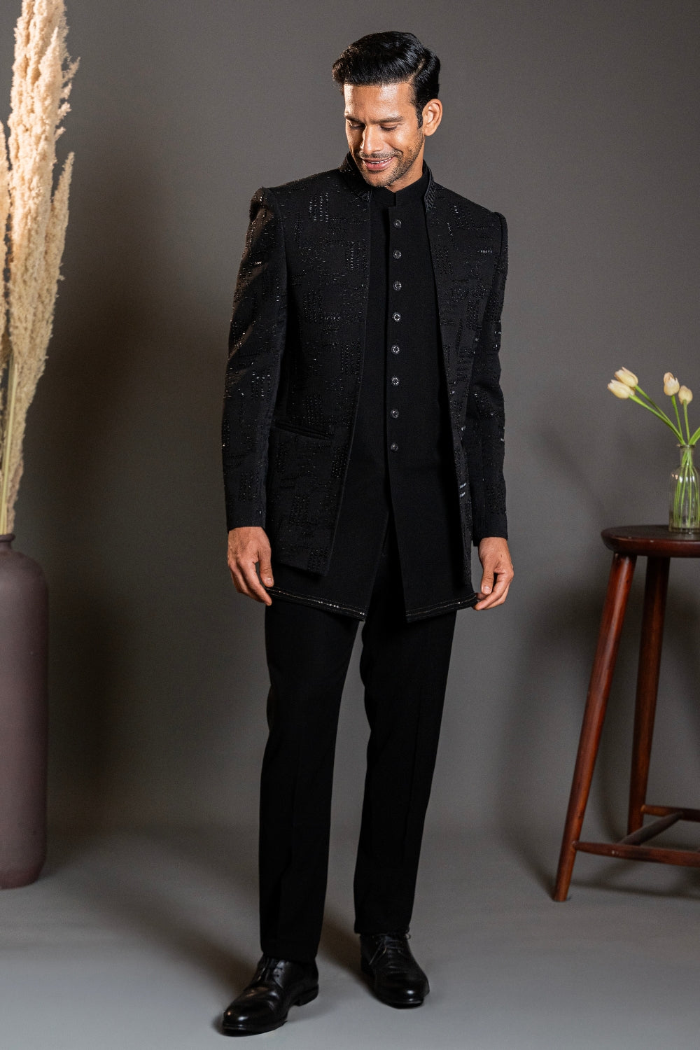 Black Imported Indo Western with Moti and Cutdana Work