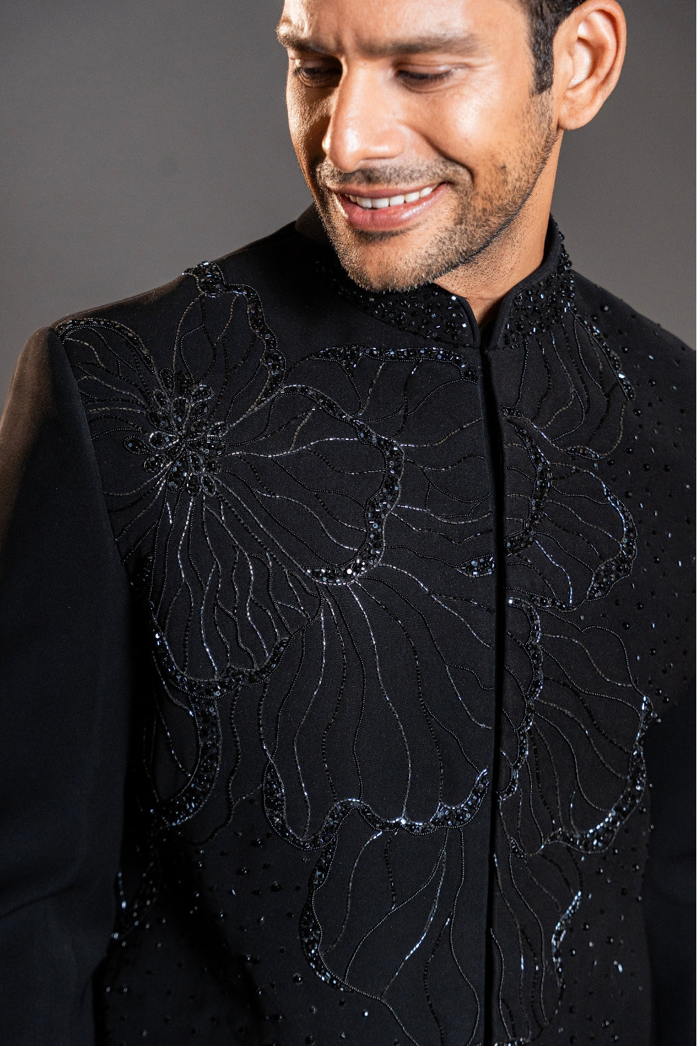 Black Imported Indo Western with Moti and Cutdana Work