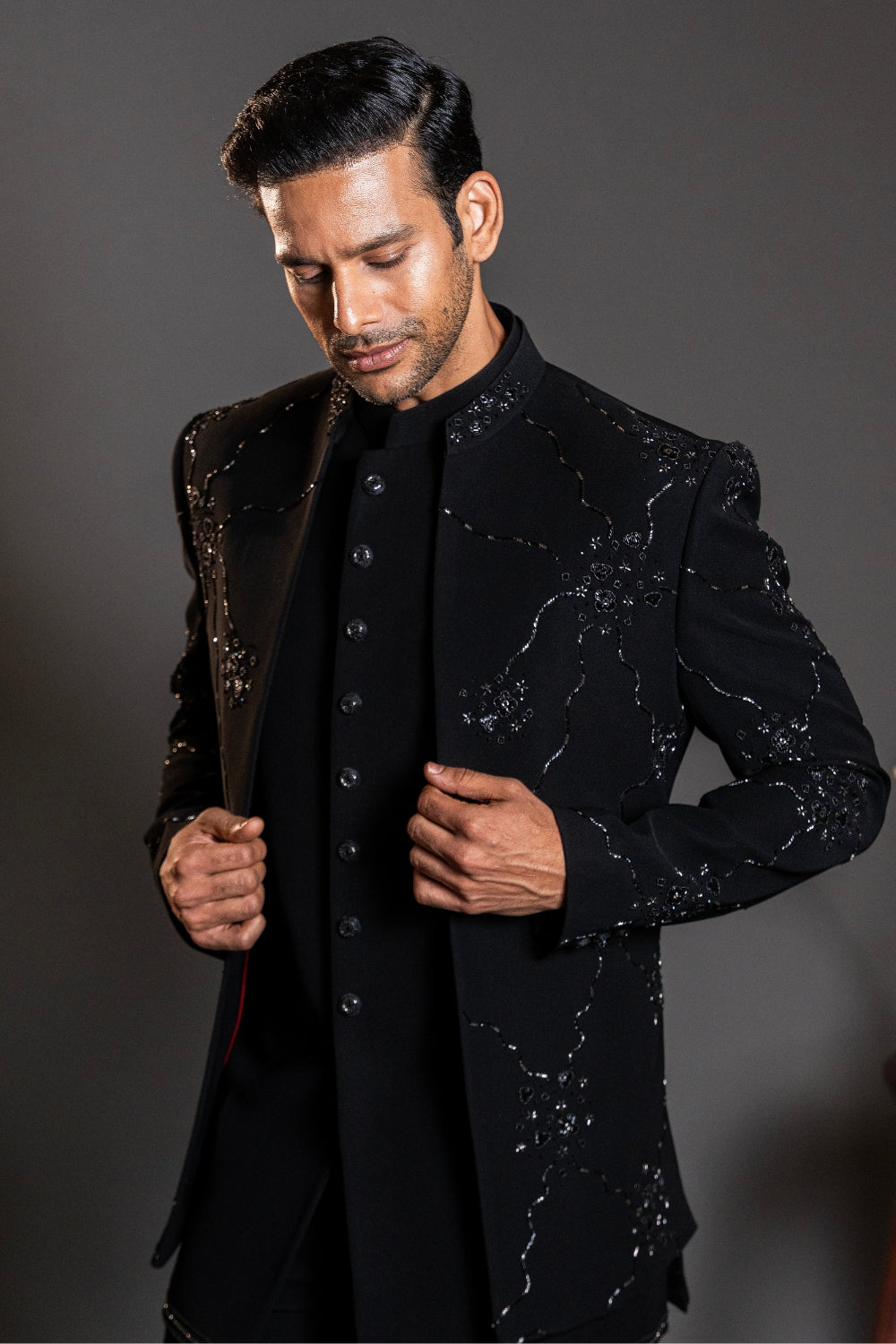 Black Imported Indo Western with Moti and Cutdana Work