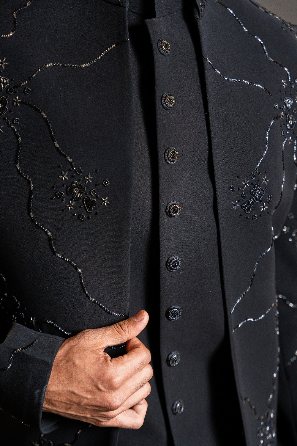 Black Imported Indo Western with Moti and Cutdana Work