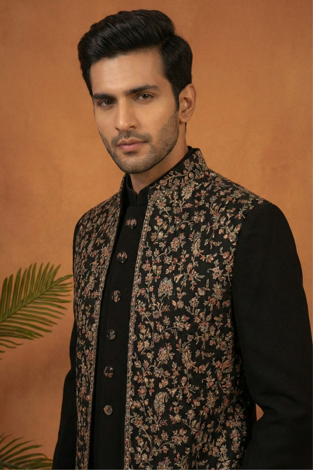 Black Imported Indo Western with Printed Jacket