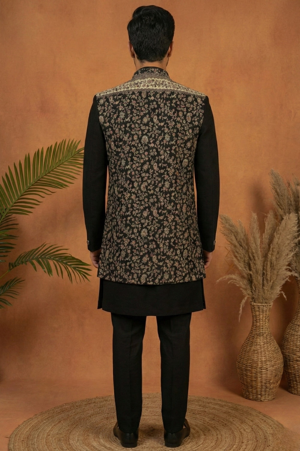 Black Imported Indo Western with Printed Jacket