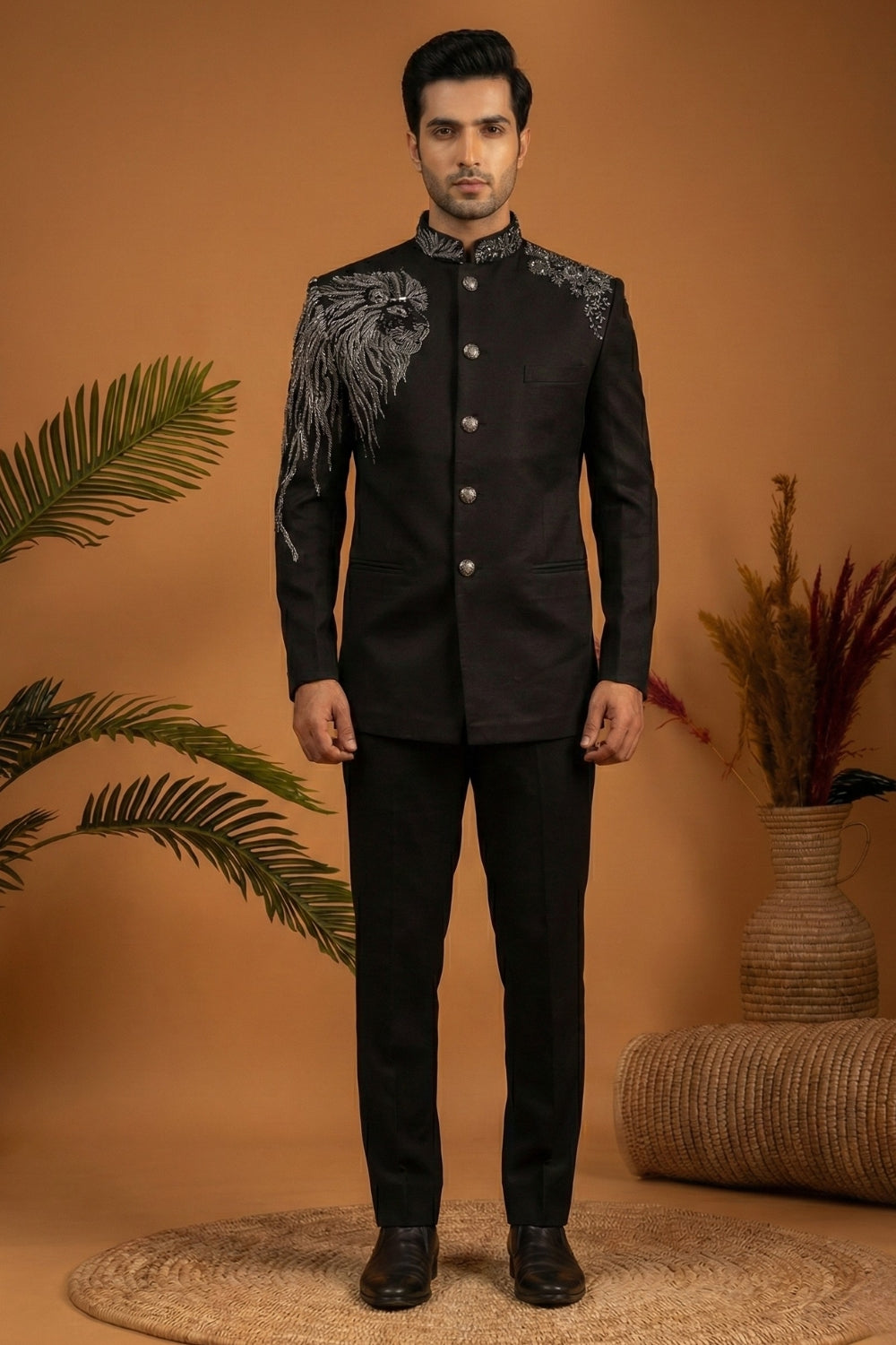 Black Imported Jodhpuri Set with Cutdana and Moti Work