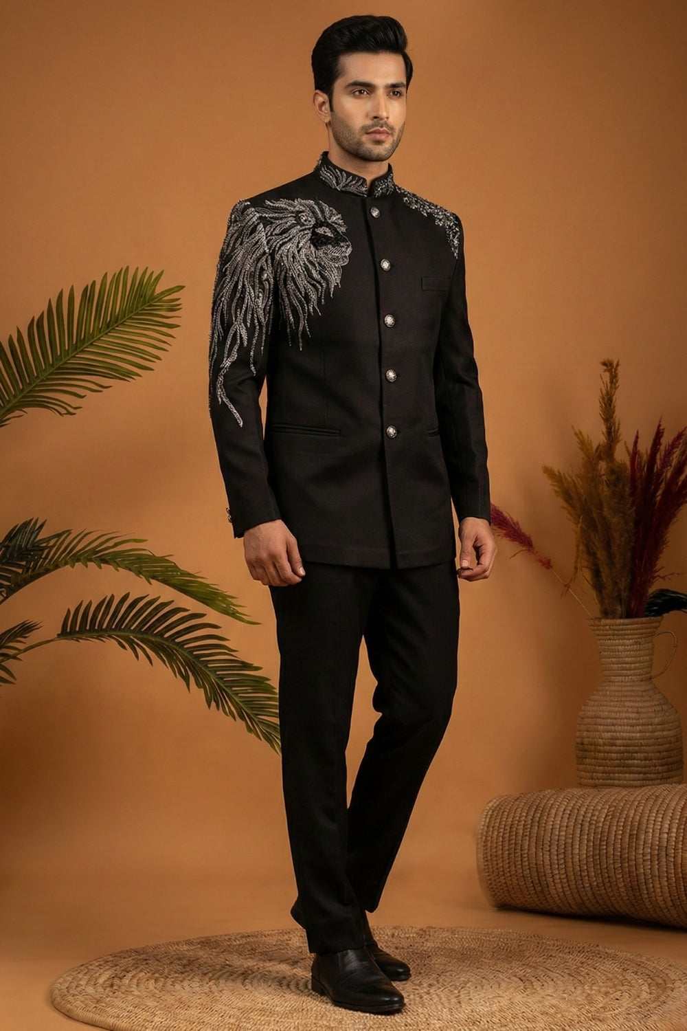 Black Imported Jodhpuri Set with Cutdana and Moti Work
