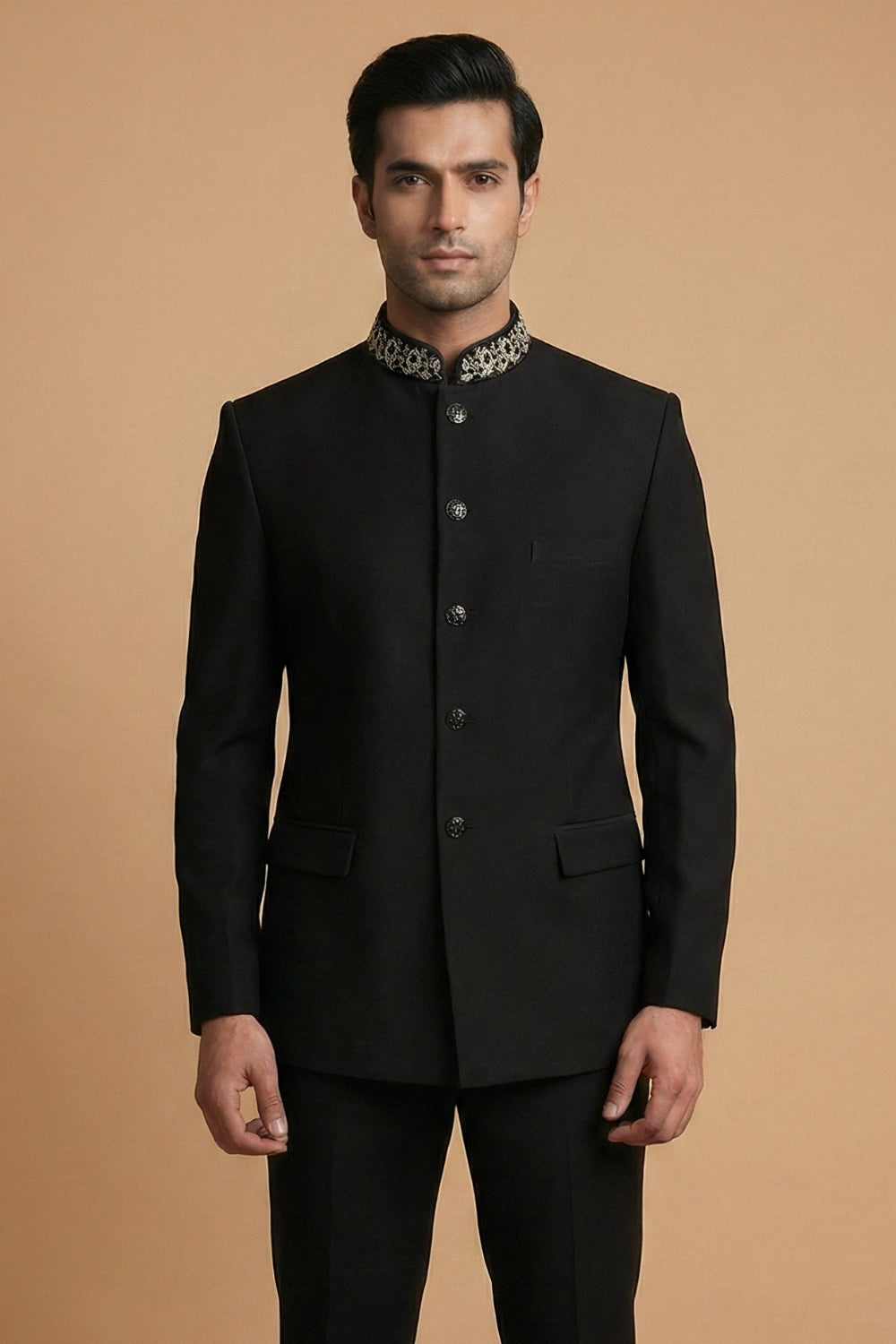 Black Imported Jodhpuri Set with Embroidery and Moti Work