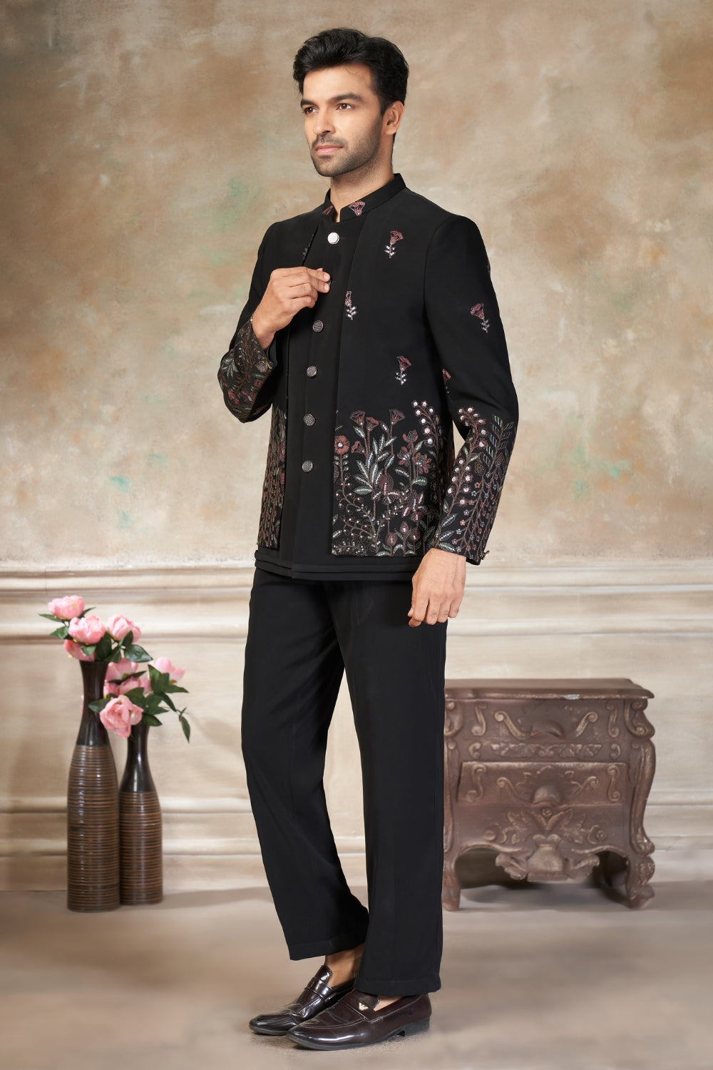 Black Imported Jodhpuri Set with Embroidery and Sequins Work