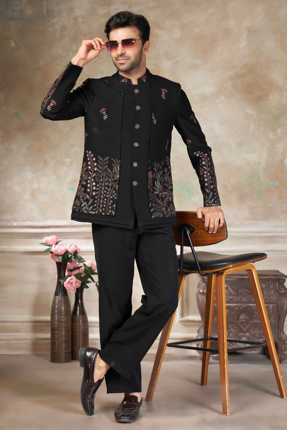 Black Imported Jodhpuri Set with Embroidery and Sequins Work