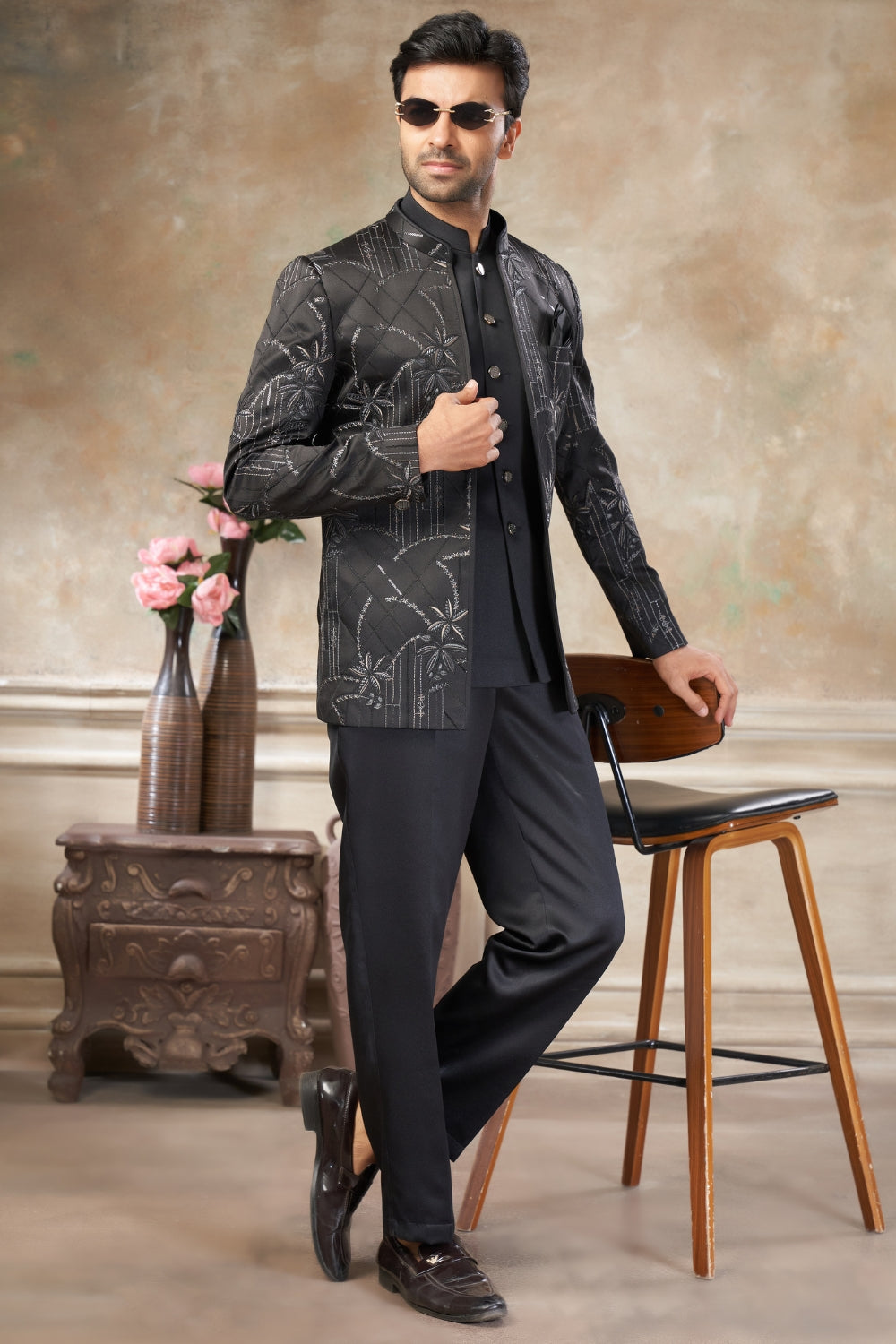 Black Imported Jodhpuri Set with Embroidery and Sequins Work