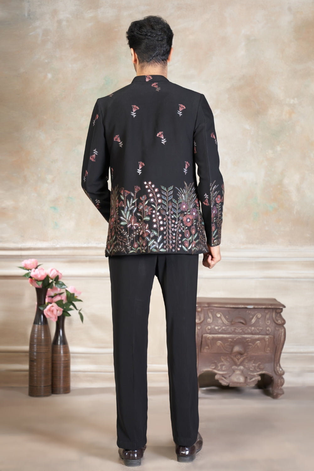 Black Imported Jodhpuri Set with Embroidery and Sequins Work