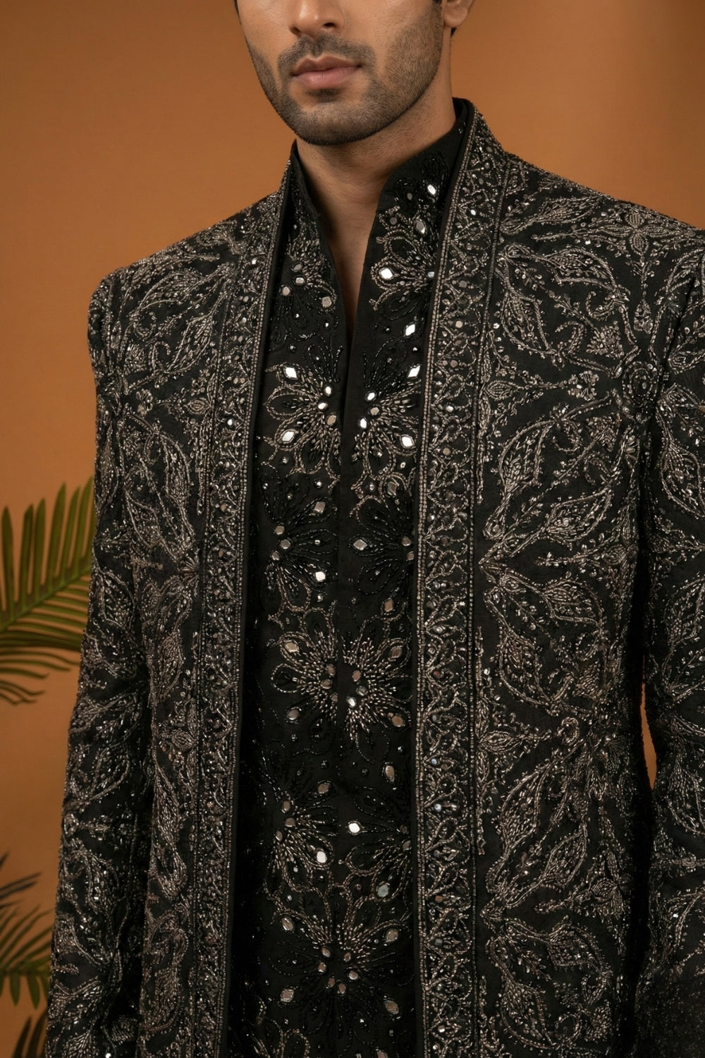 Black Imported Jodhpuri Set with Moti and Cutdana Work