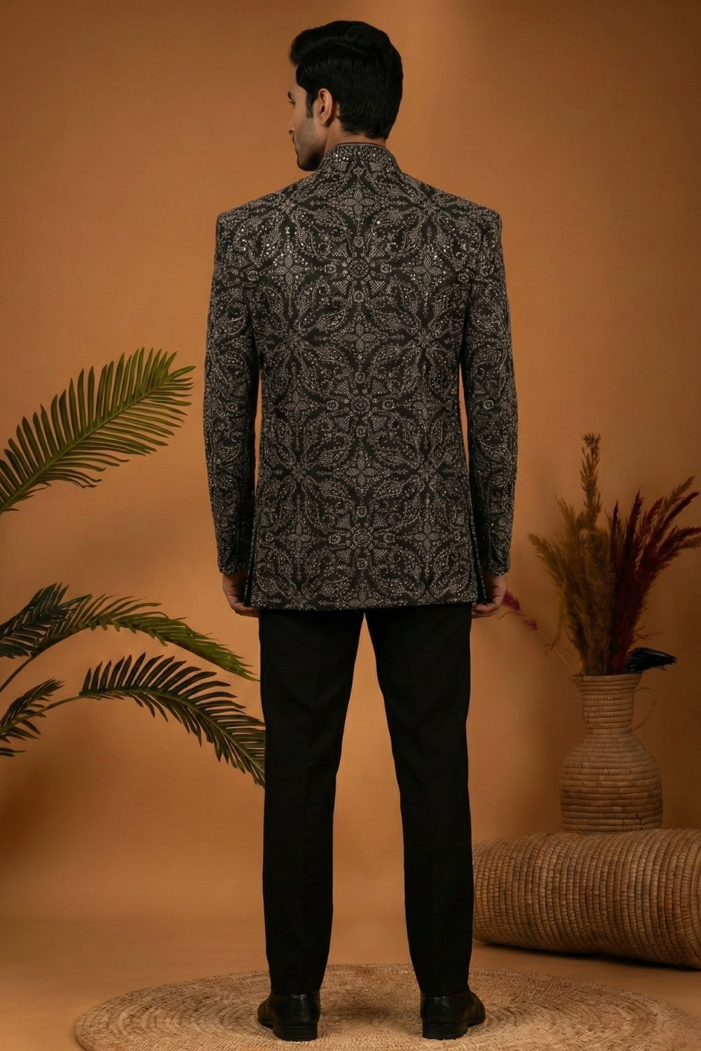 Black Imported Jodhpuri Set with Moti and Cutdana Work