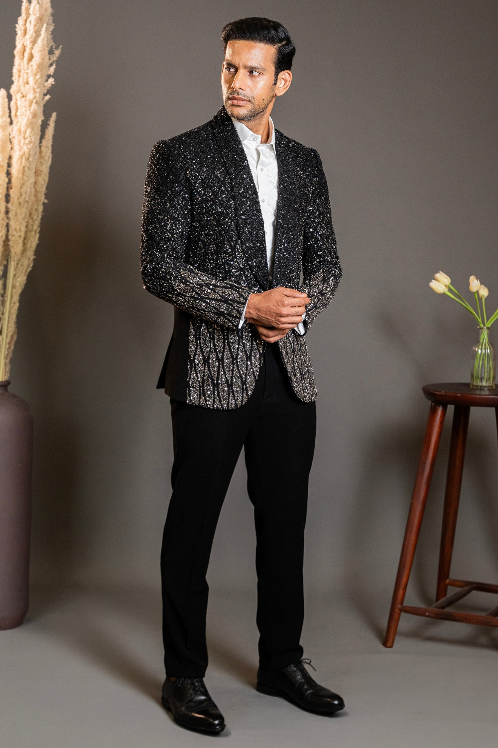 Black Imported Tuxedo with Sequins and Cutdana Work