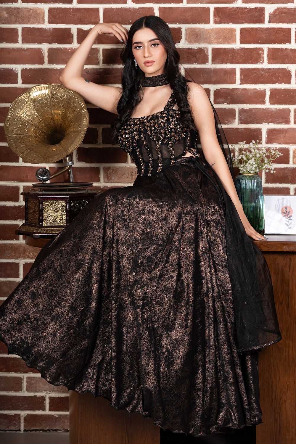 Black Lehenga Choli with Cutdana and Stone Work