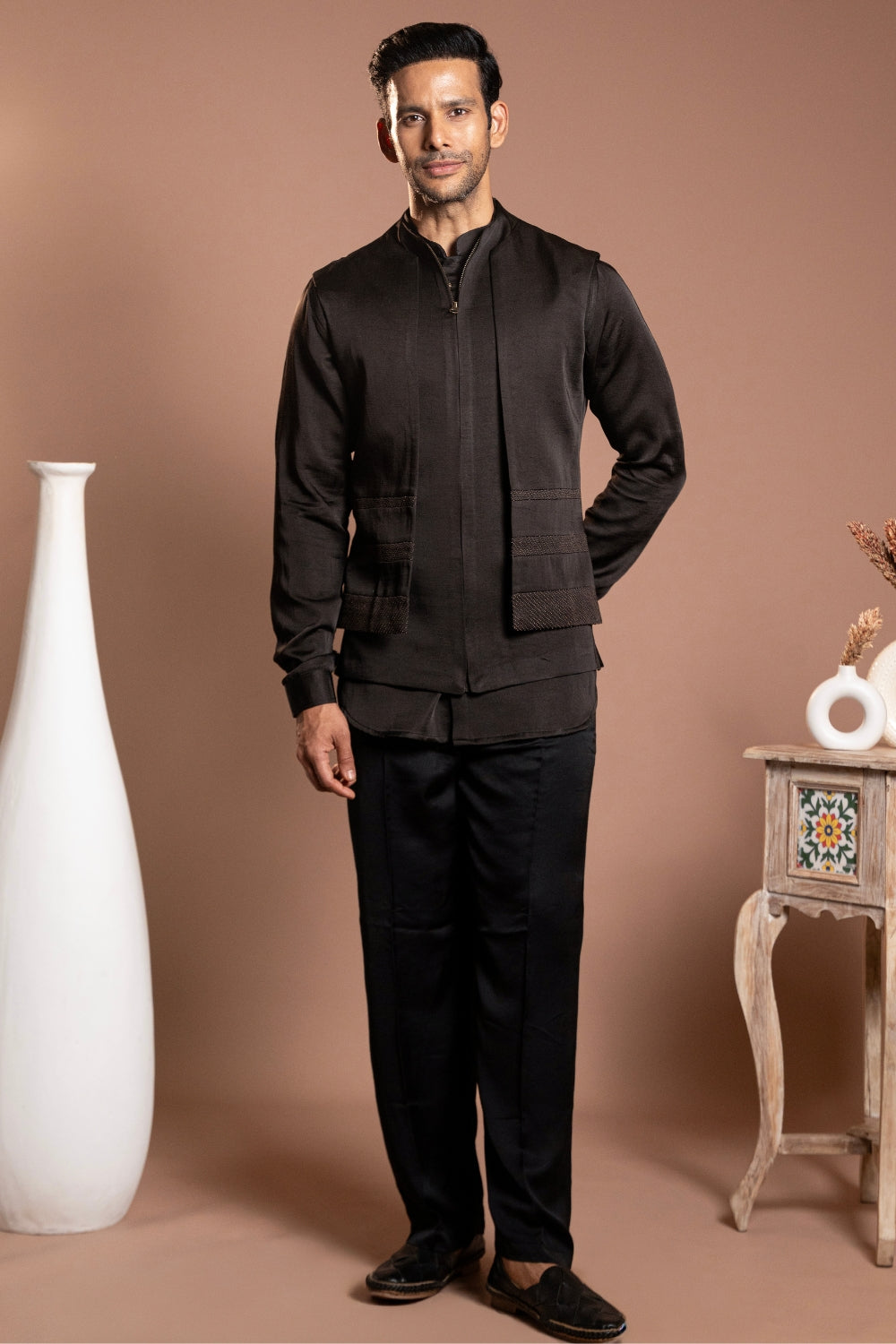 Black Linen Satin Koti Set