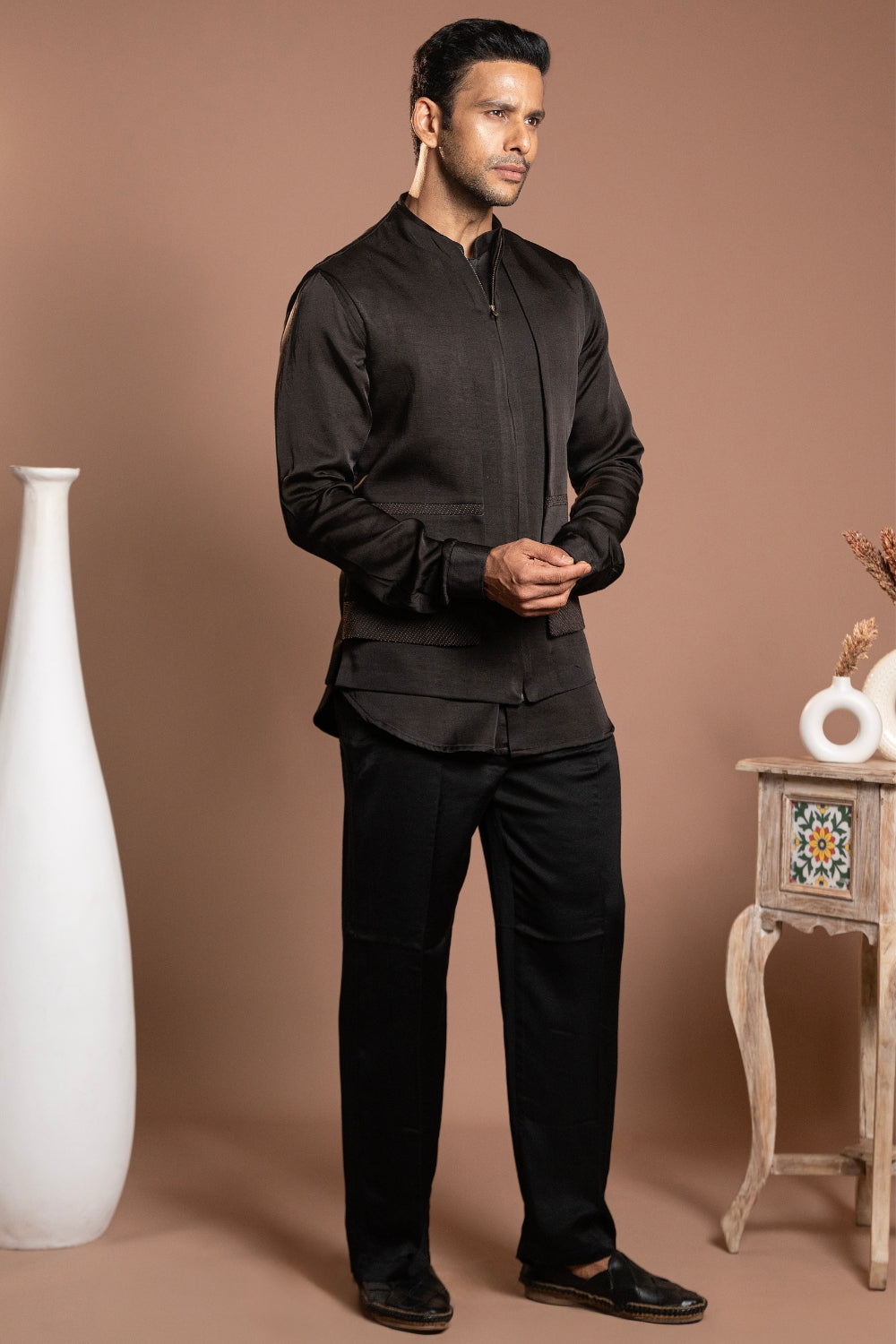 Black Linen Satin Koti Set