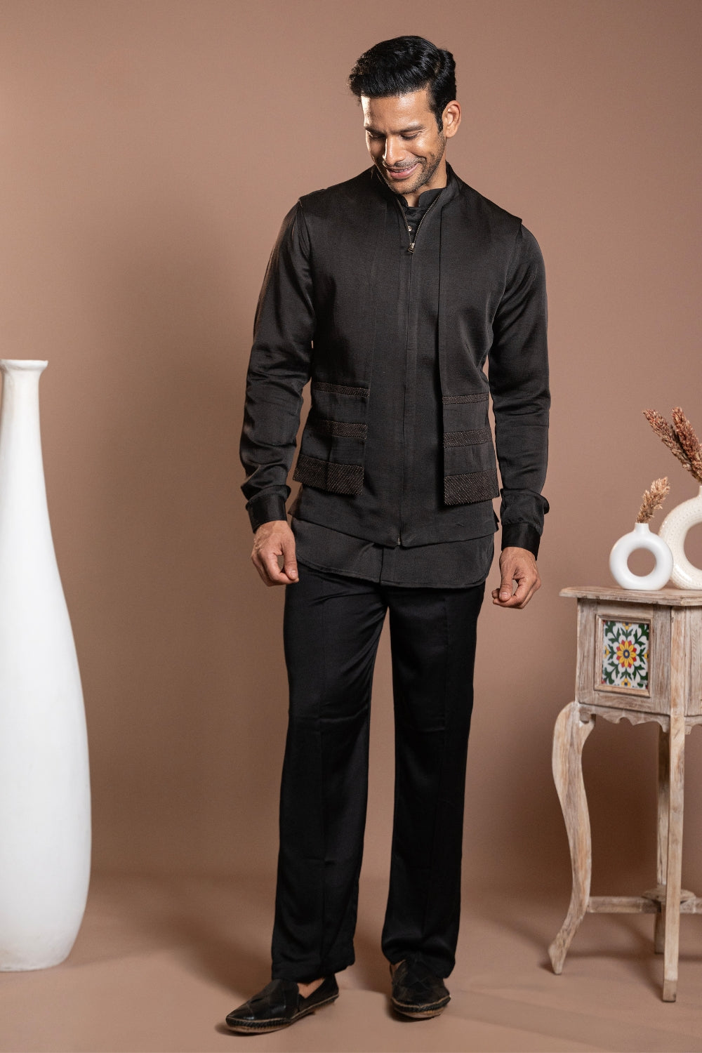 Black Linen Satin Koti Set