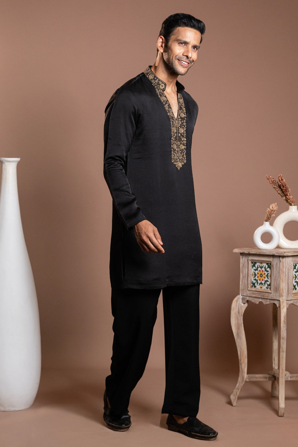 Black Linen Satin Kurta Set with Zardosi and Moti Work