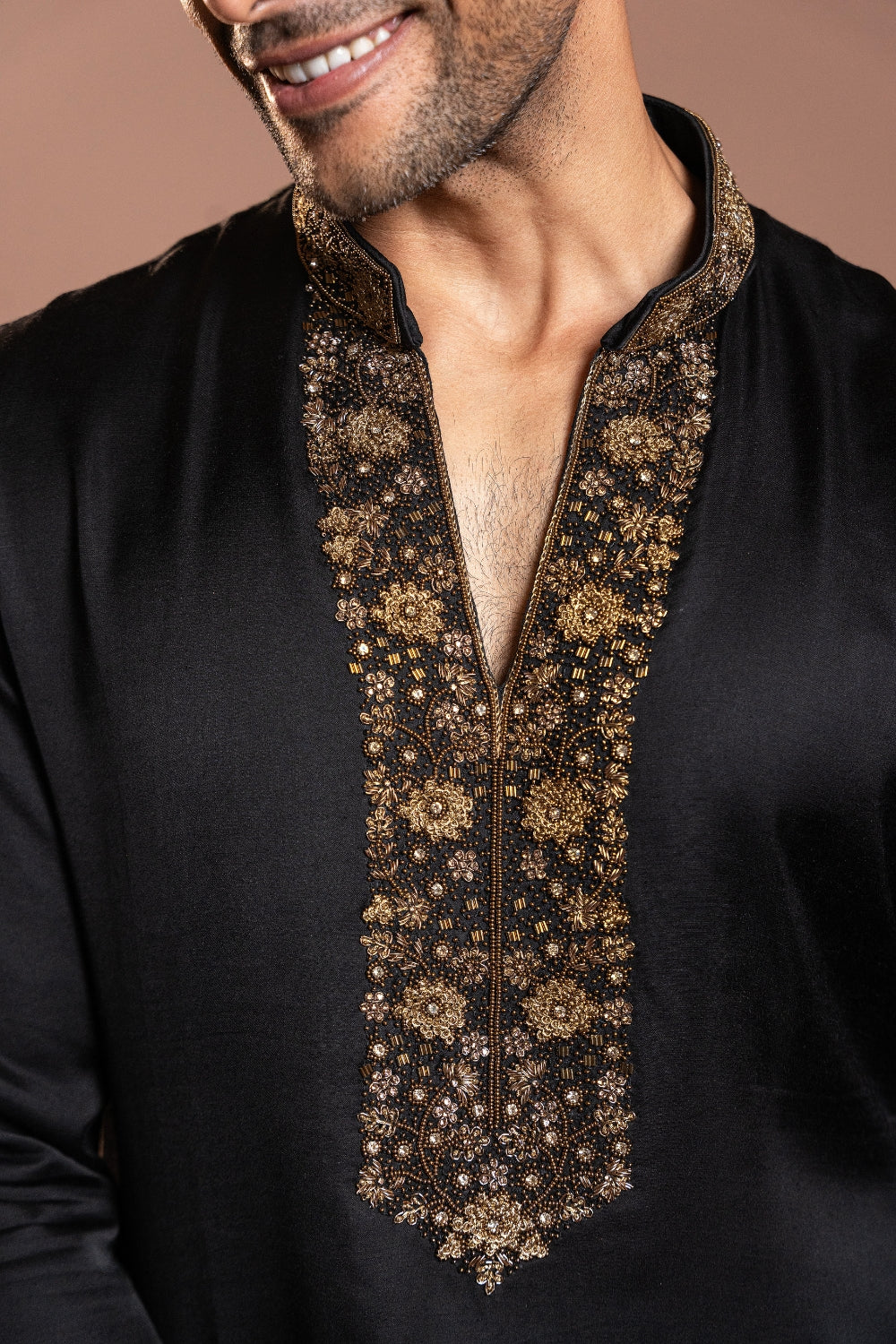 Black Linen Satin Kurta Set with Zardosi and Moti Work