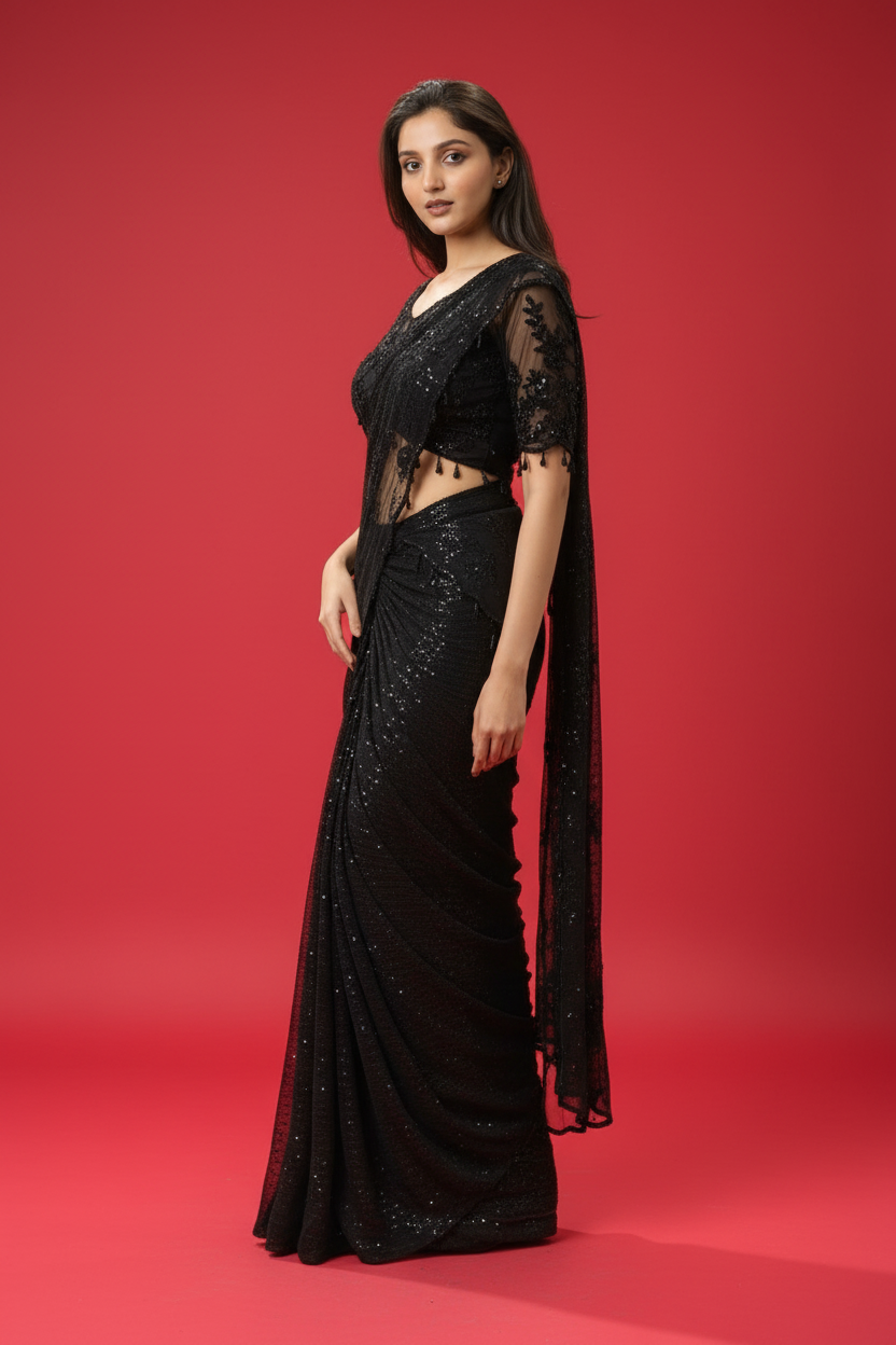 Black Net Drape Saree with Cut Dana and Bead Work