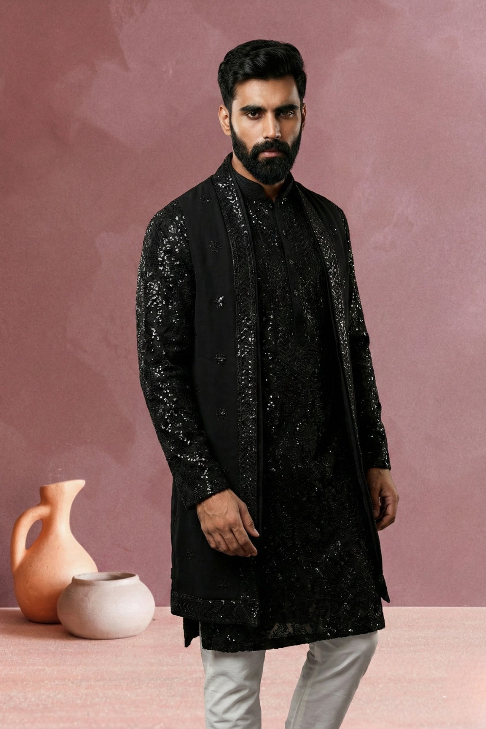 Black Net Kurta Set with Sequins Work