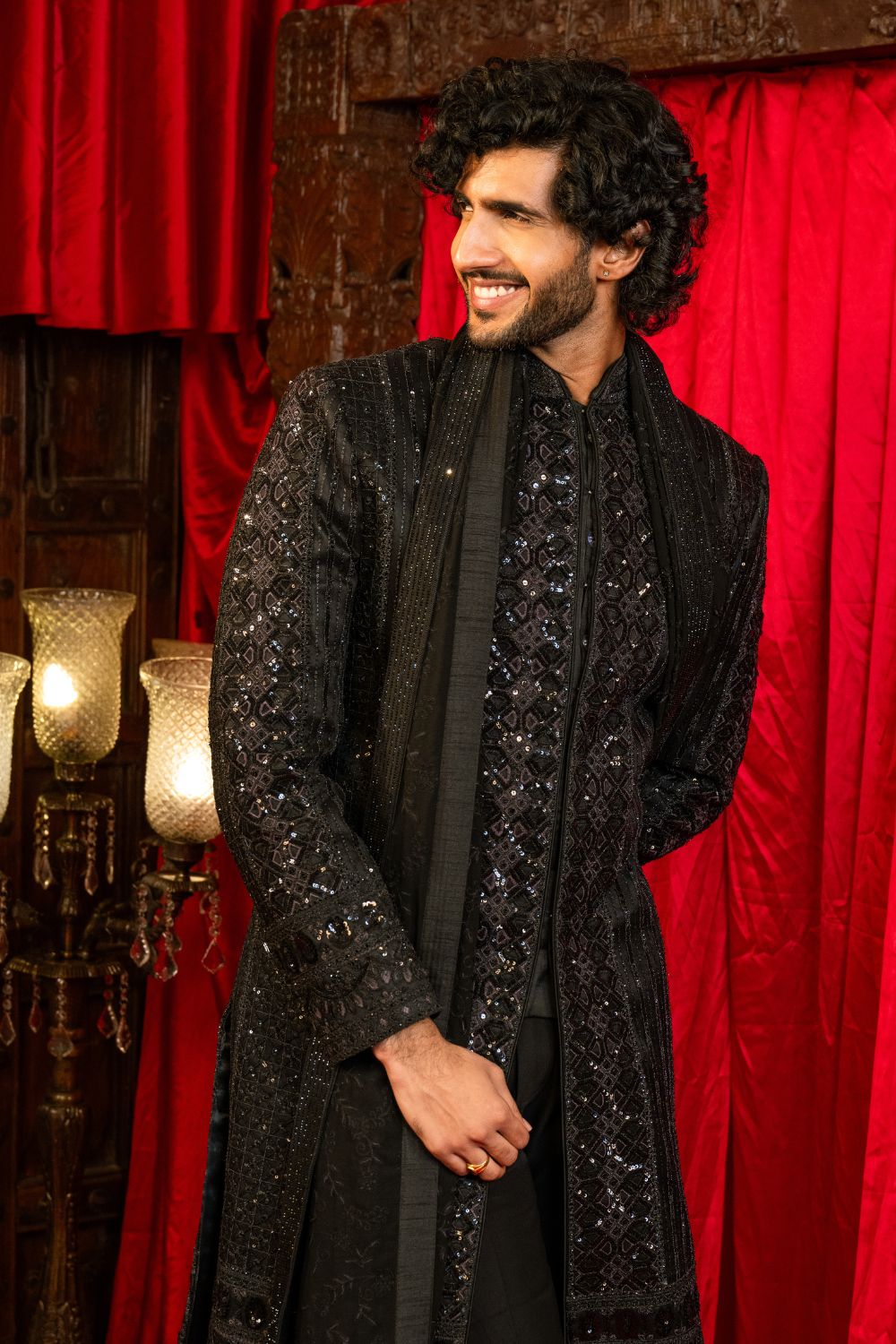 Black Net  Indo Western with Sequins and Embroidery Work