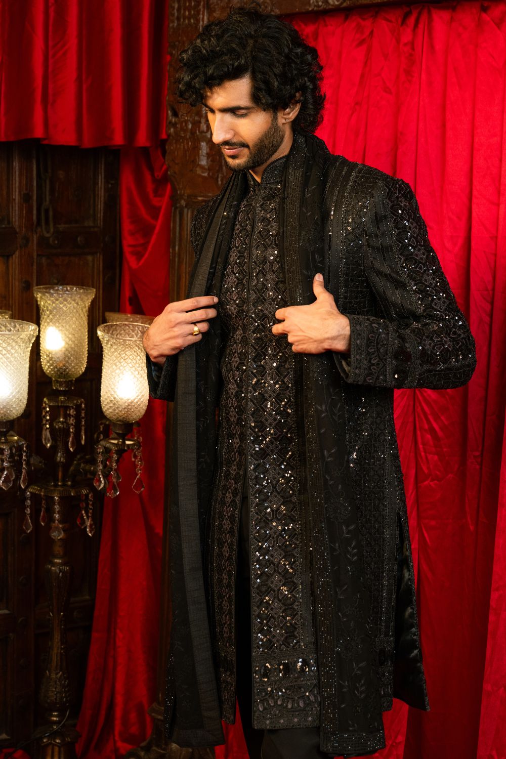 Black Net  Indo Western with Sequins and Embroidery Work