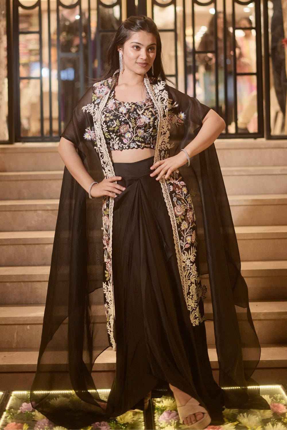 Black Organza Indo Western with Moti and Resham Embroidery