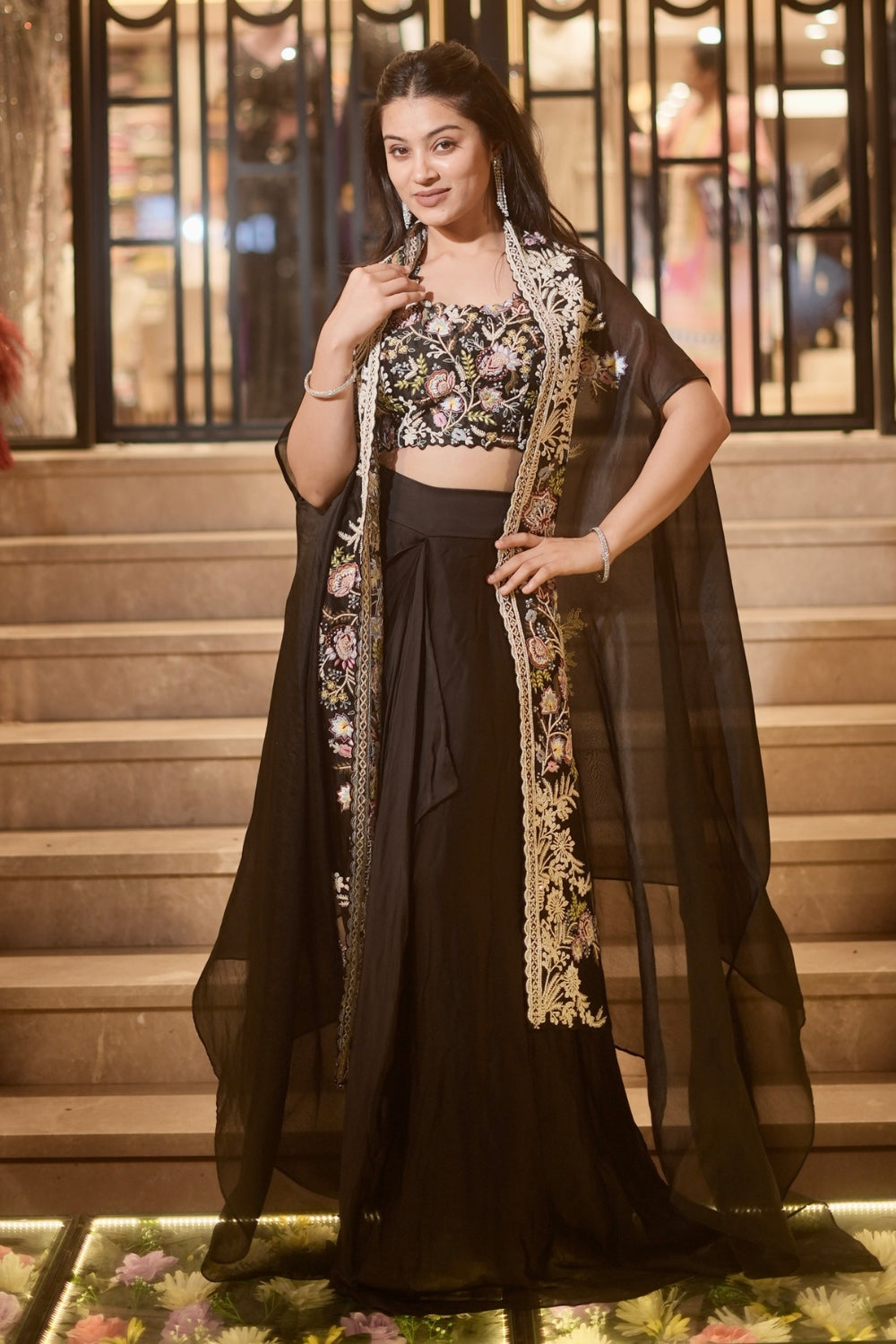 Black Organza Indo Western with Moti and Resham Embroidery
