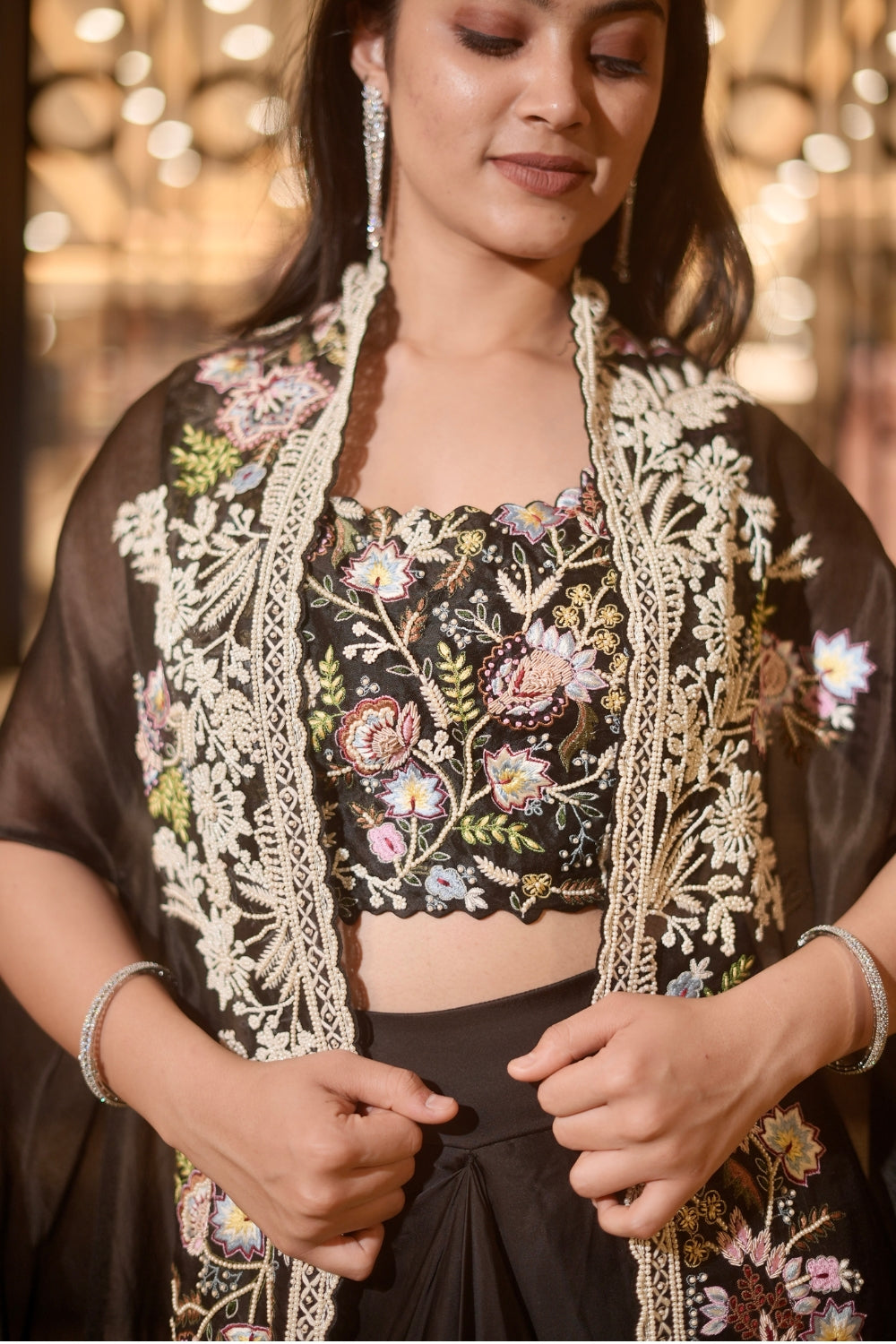 Black Organza Indo Western with Moti and Resham Embroidery