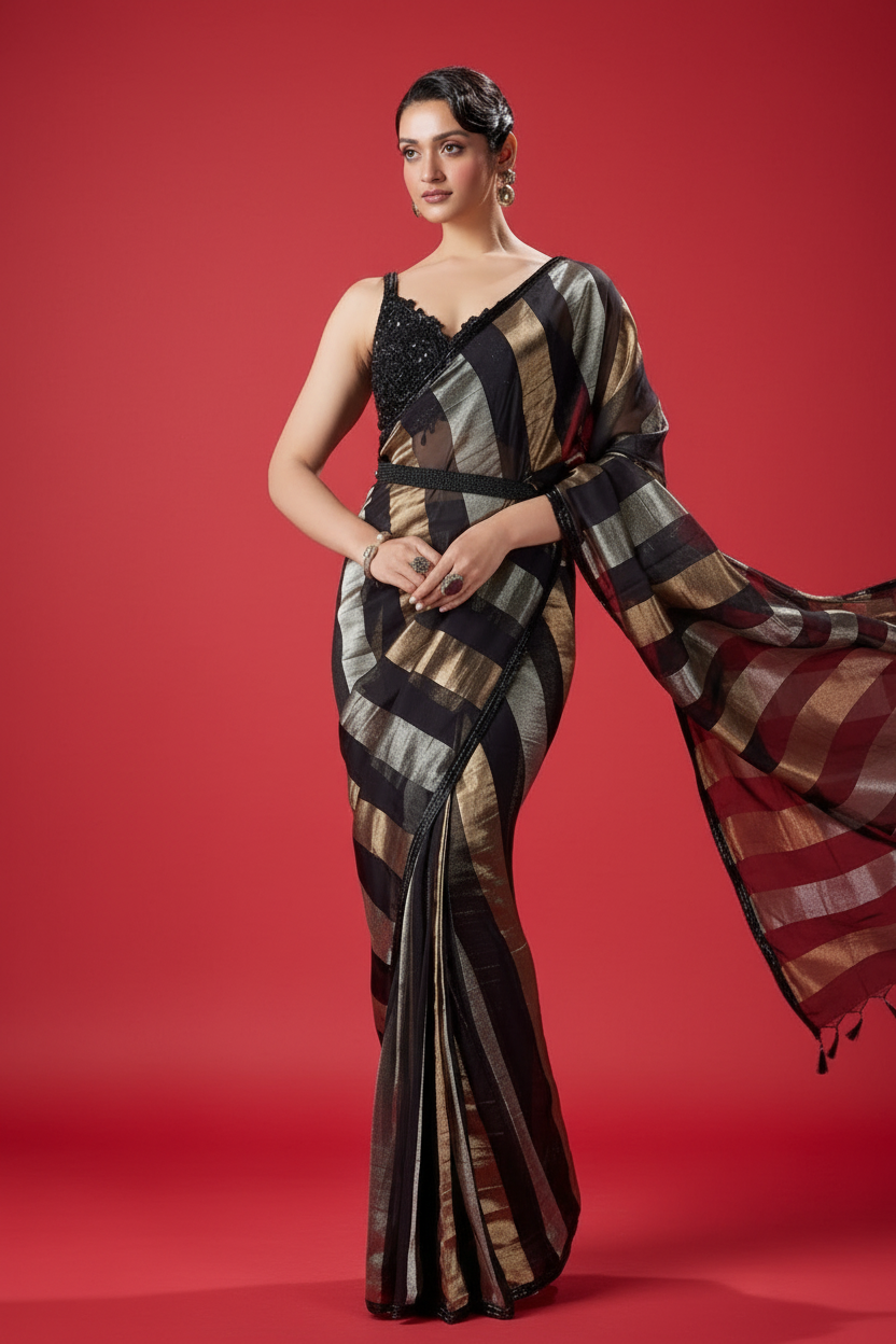 Black Organza Saree with Cutdana and Moti Work